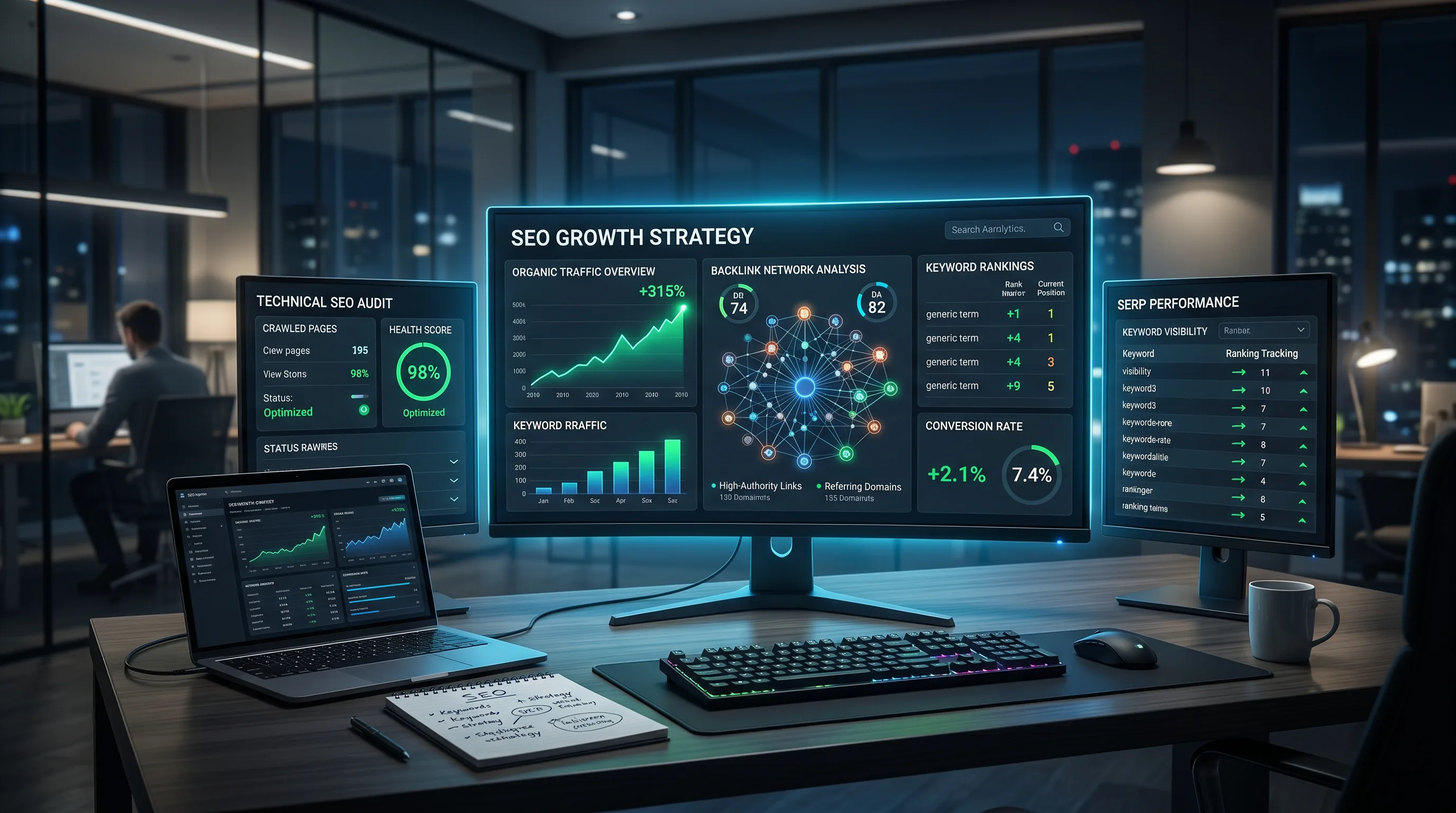 Premium SEO agency visual showing analytics dashboards, backlink networks, growth charts, and a modern dark-mode strategy workspace.